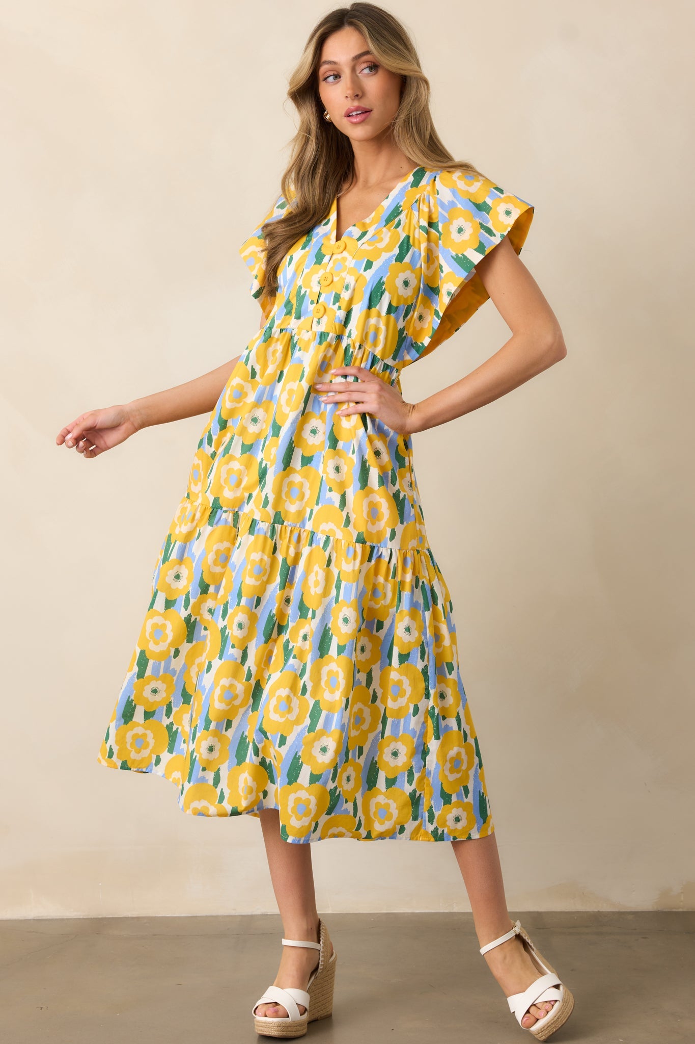 Daisy Date Night Yellow Floral Cotton Midi Dress
