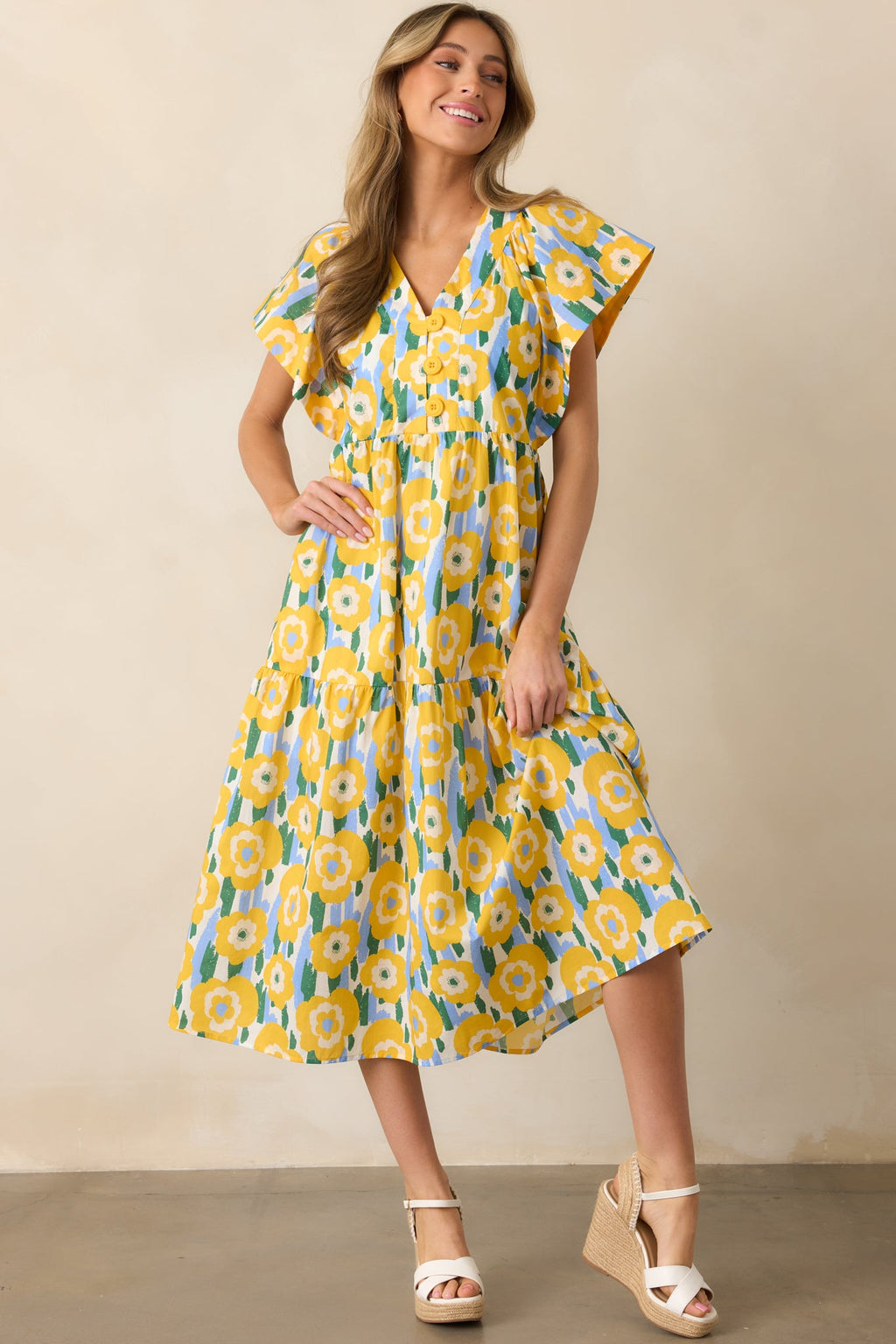 Daisy Date Night Yellow Floral Cotton Midi Dress