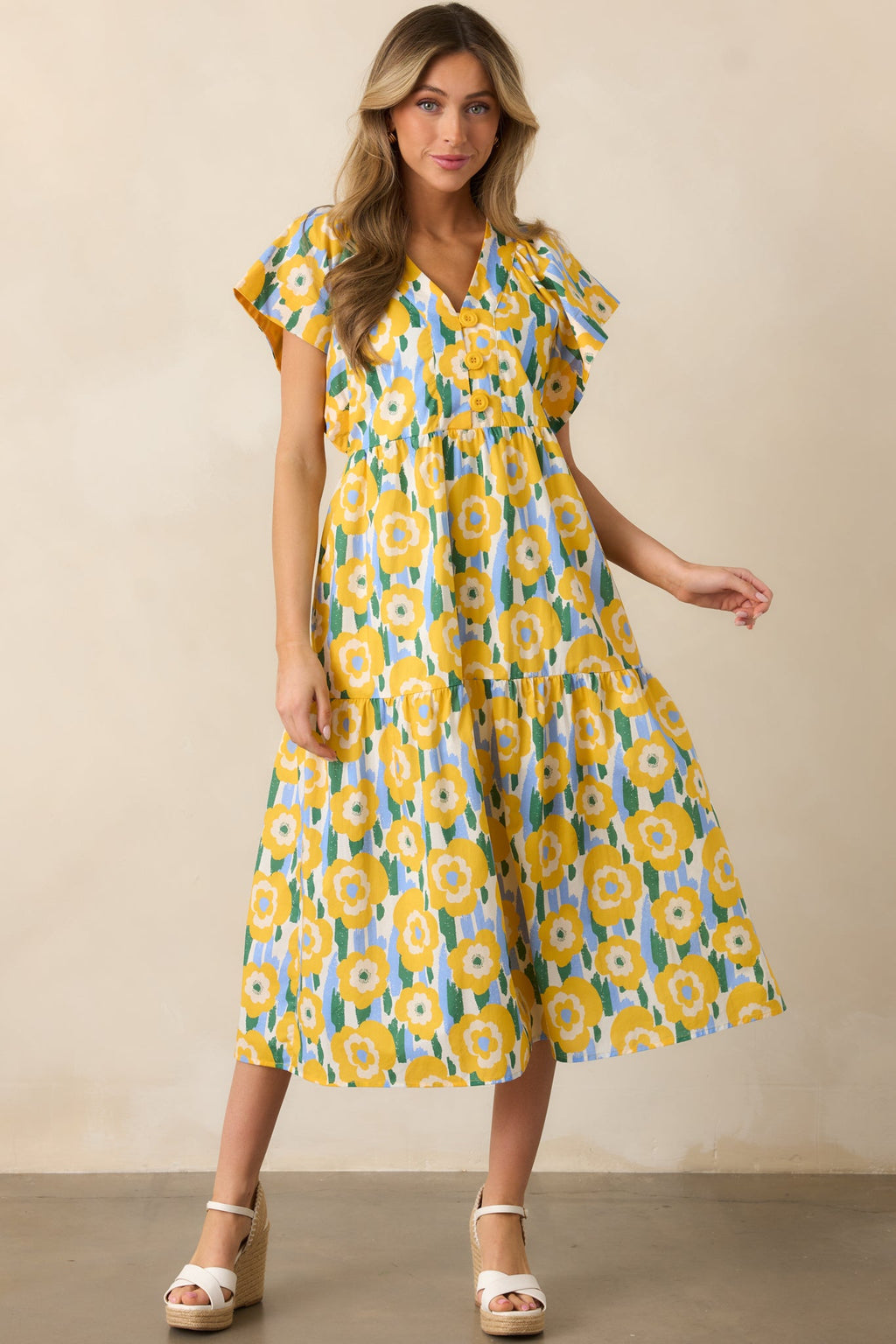Daisy Date Night Yellow Floral Cotton Midi Dress