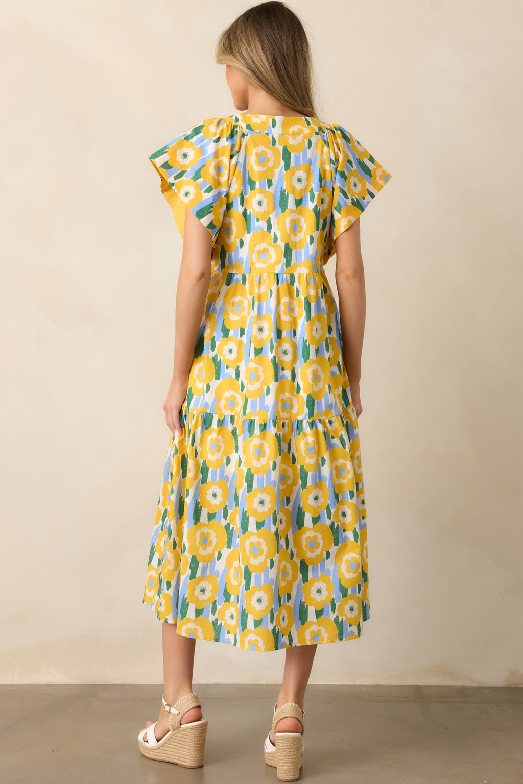 Daisy Date Night Yellow Floral Cotton Midi Dress