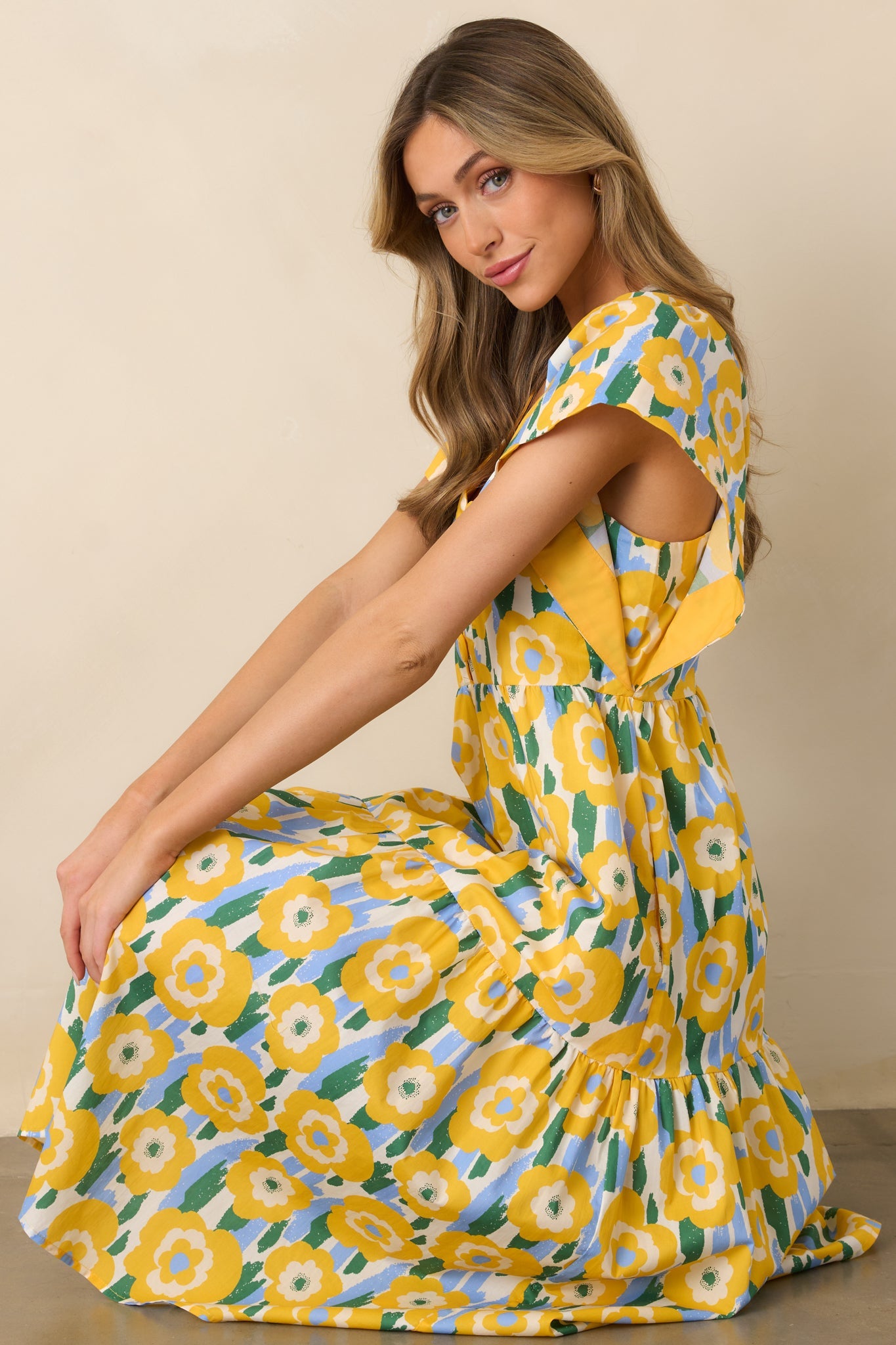 Daisy Date Night Yellow Floral Cotton Midi Dress