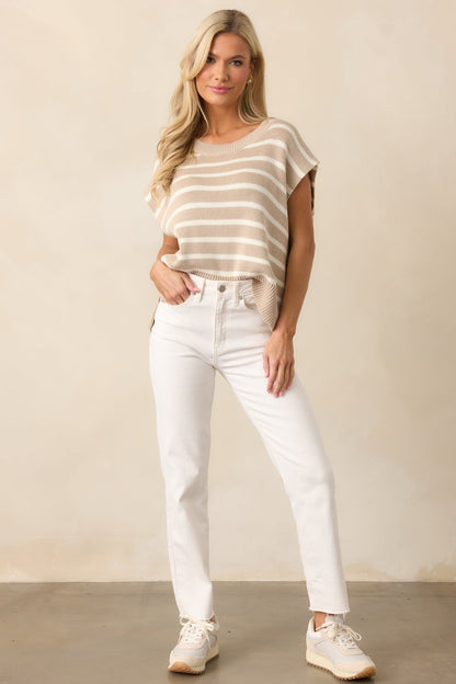 Daring Diva Taupe Stripe Oversized Sweater Vest