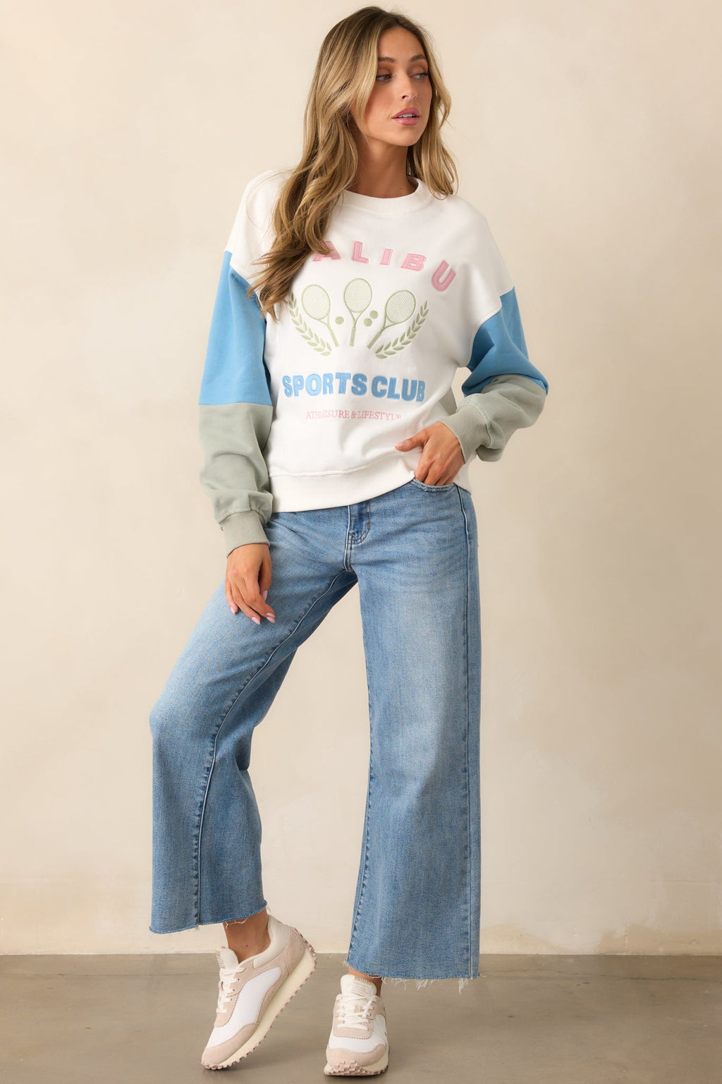 Aced It White Colorblock Embroidered Sweatshirt