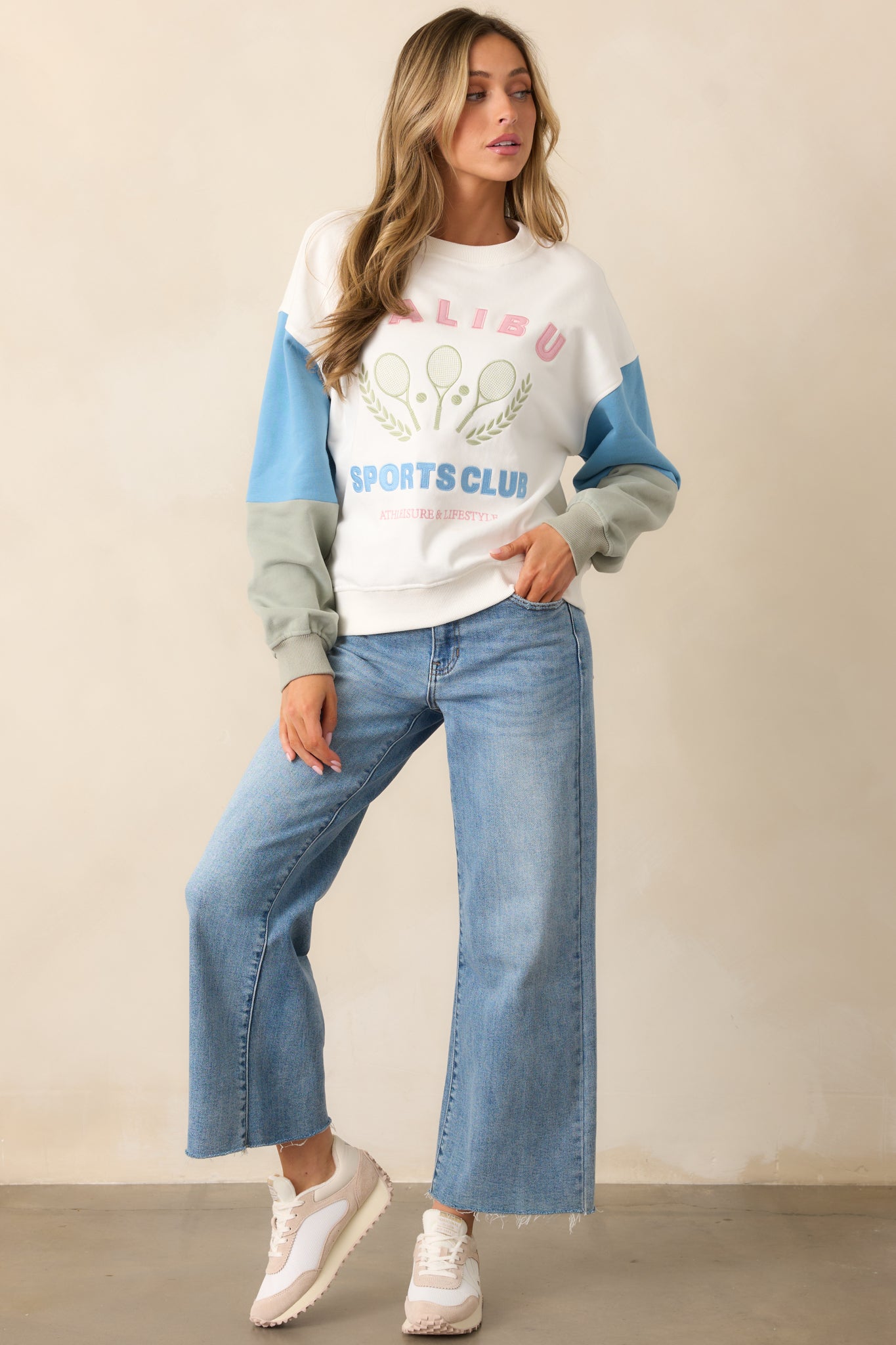 Aced It White Colorblock Embroidered Sweatshirt