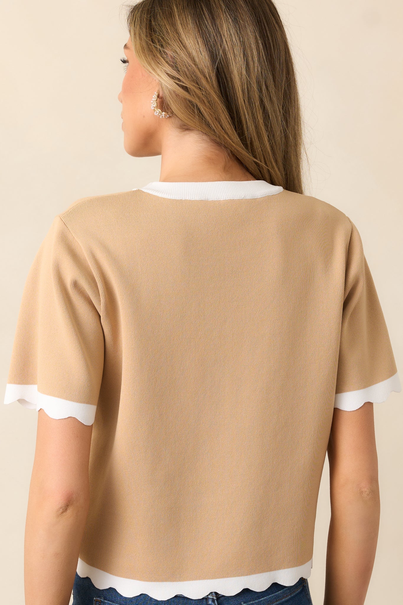 Book Nook Tan Scallop Hem Short Sleeve Top