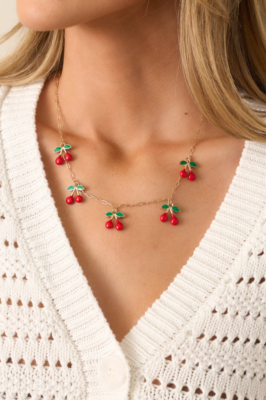 Cherry Chic Gold & Red Cherry Charm Necklace