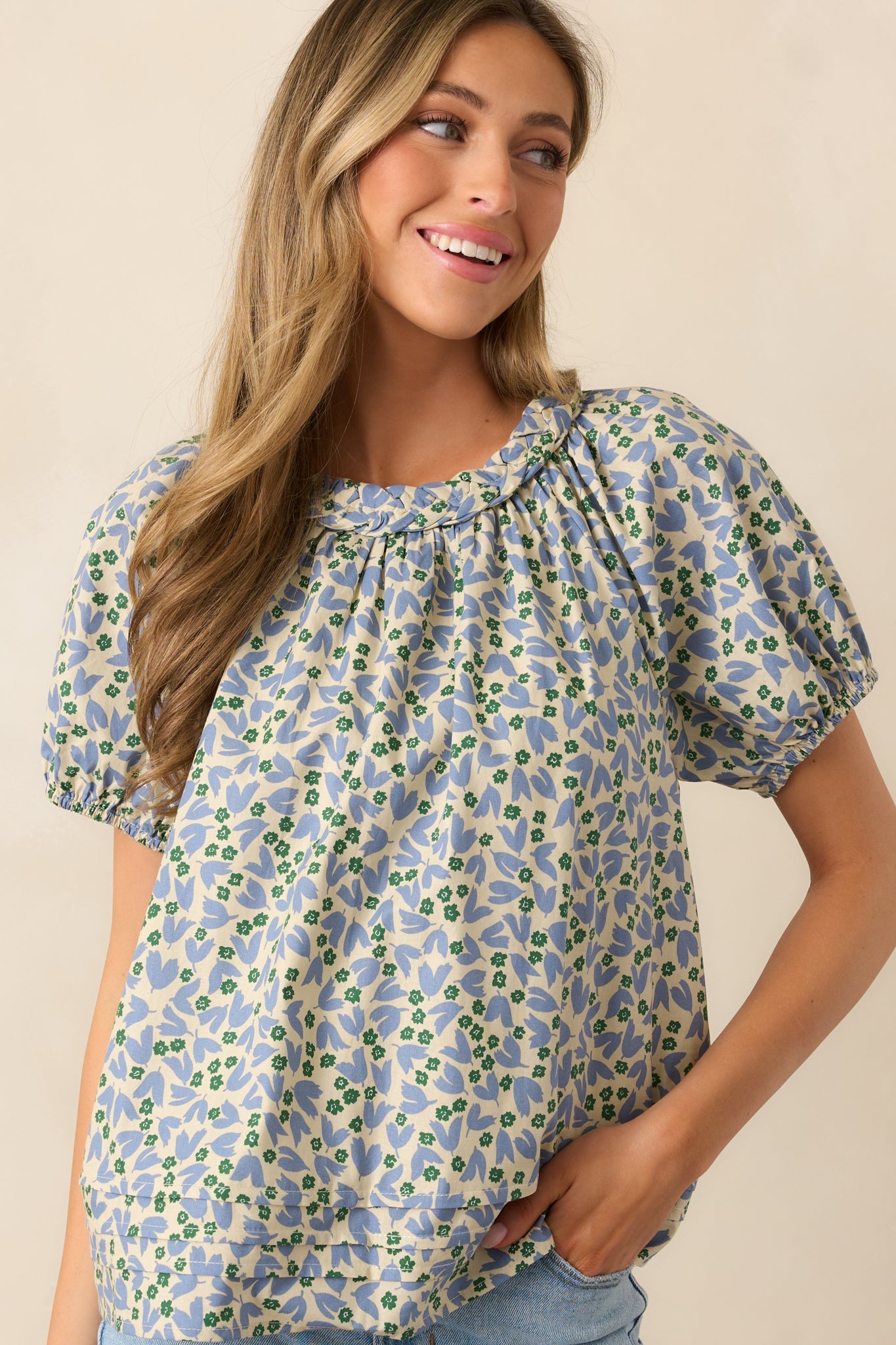 Giving Wisdom Dusty Blue Floral Cotton Blouse