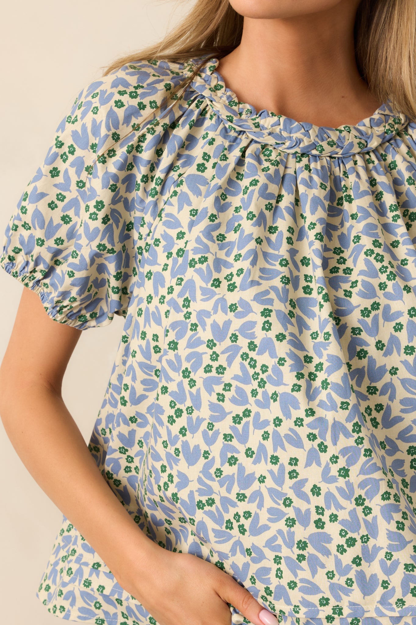 Giving Wisdom Dusty Blue Floral Cotton Blouse