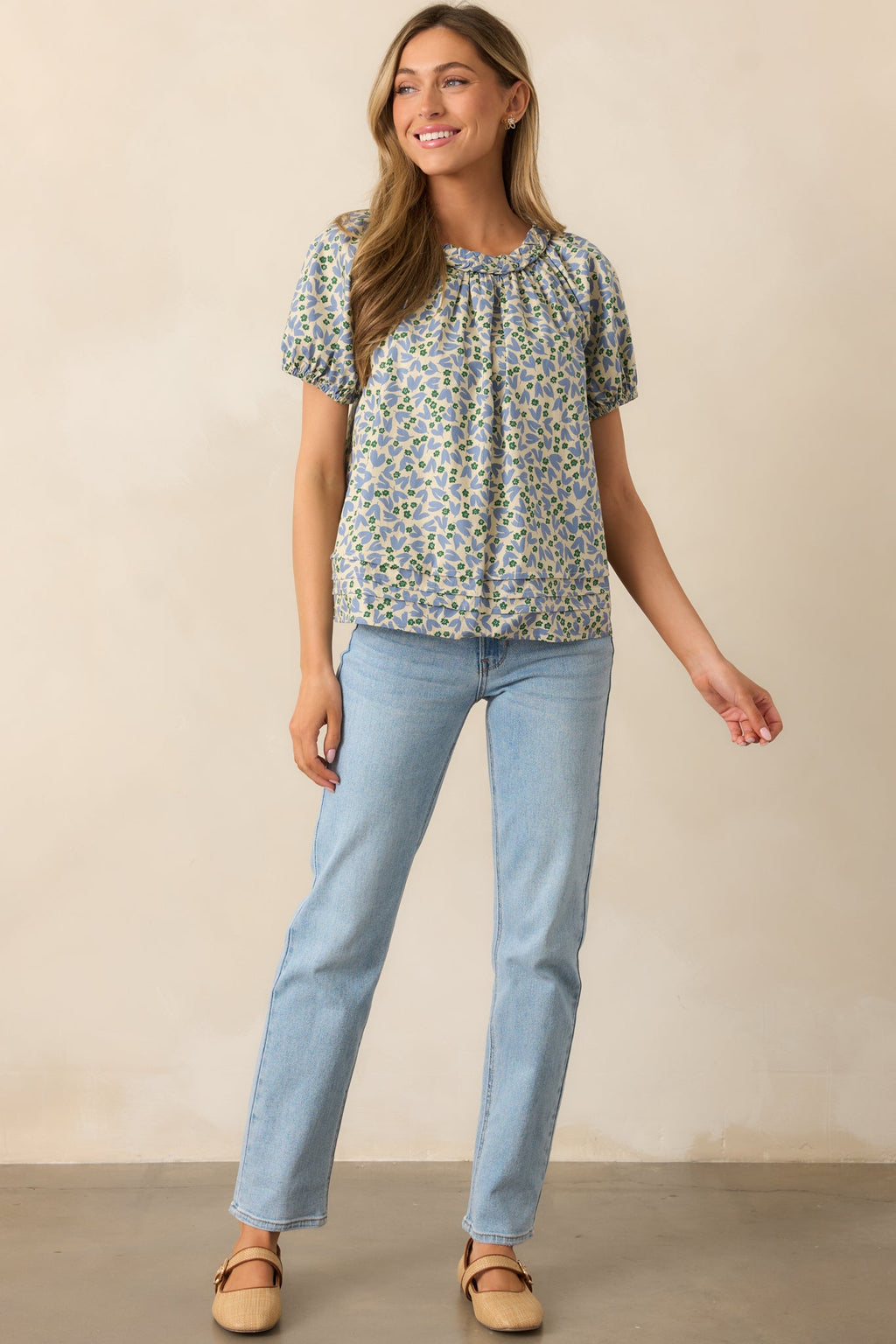 Giving Wisdom Dusty Blue Floral Cotton Blouse