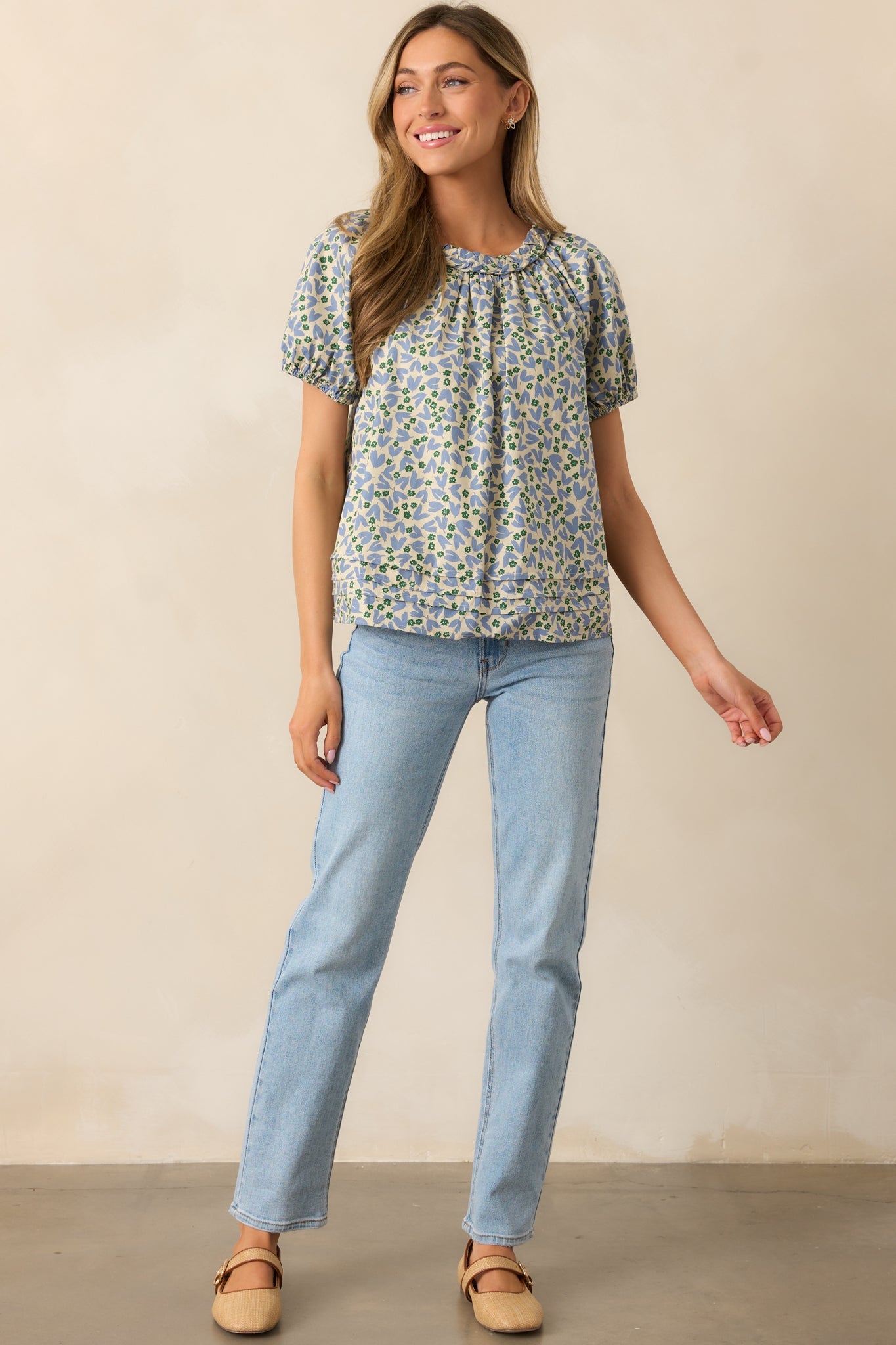 Giving Wisdom Dusty Blue Floral Cotton Blouse