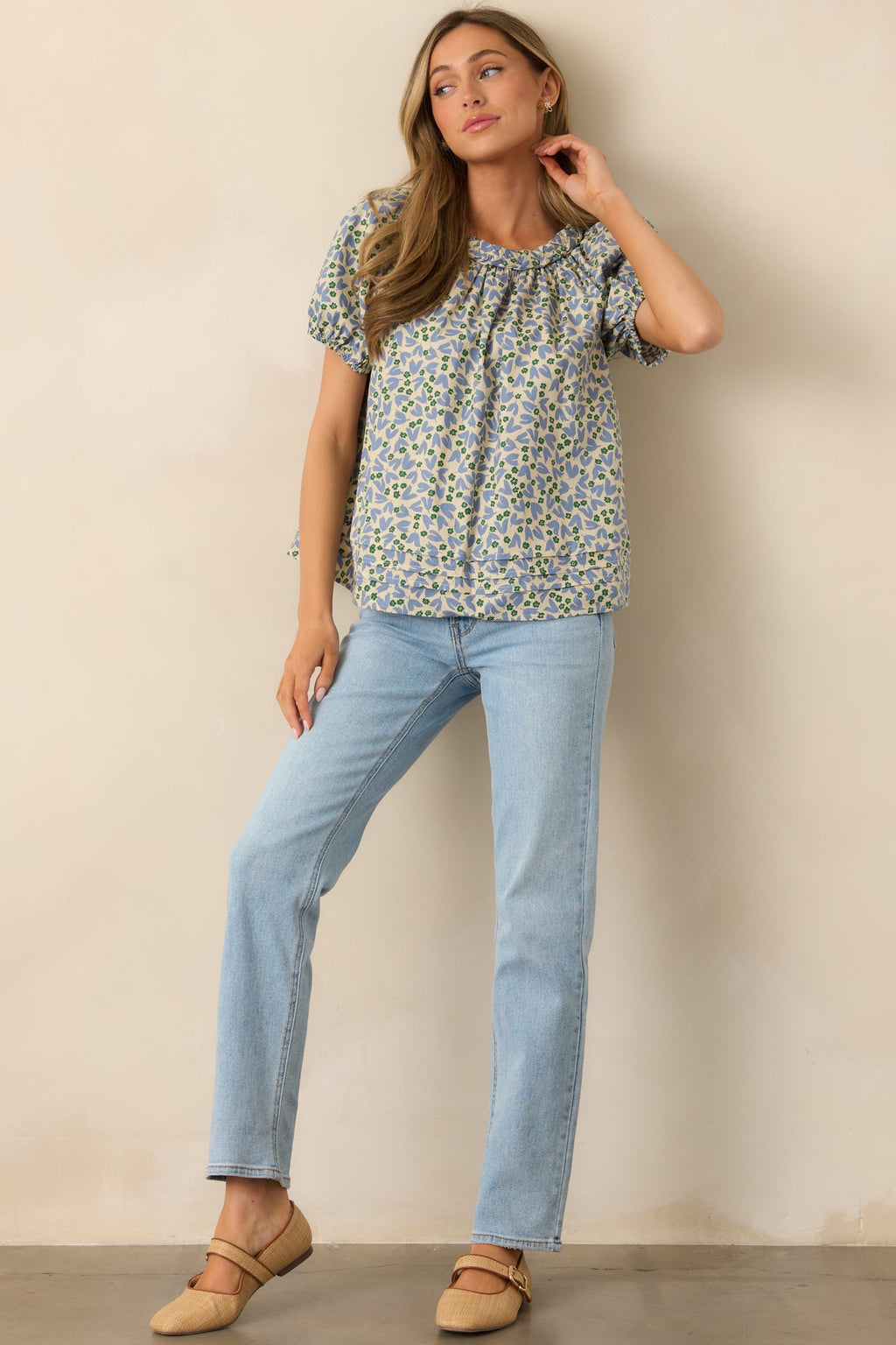 Giving Wisdom Dusty Blue Floral Cotton Blouse