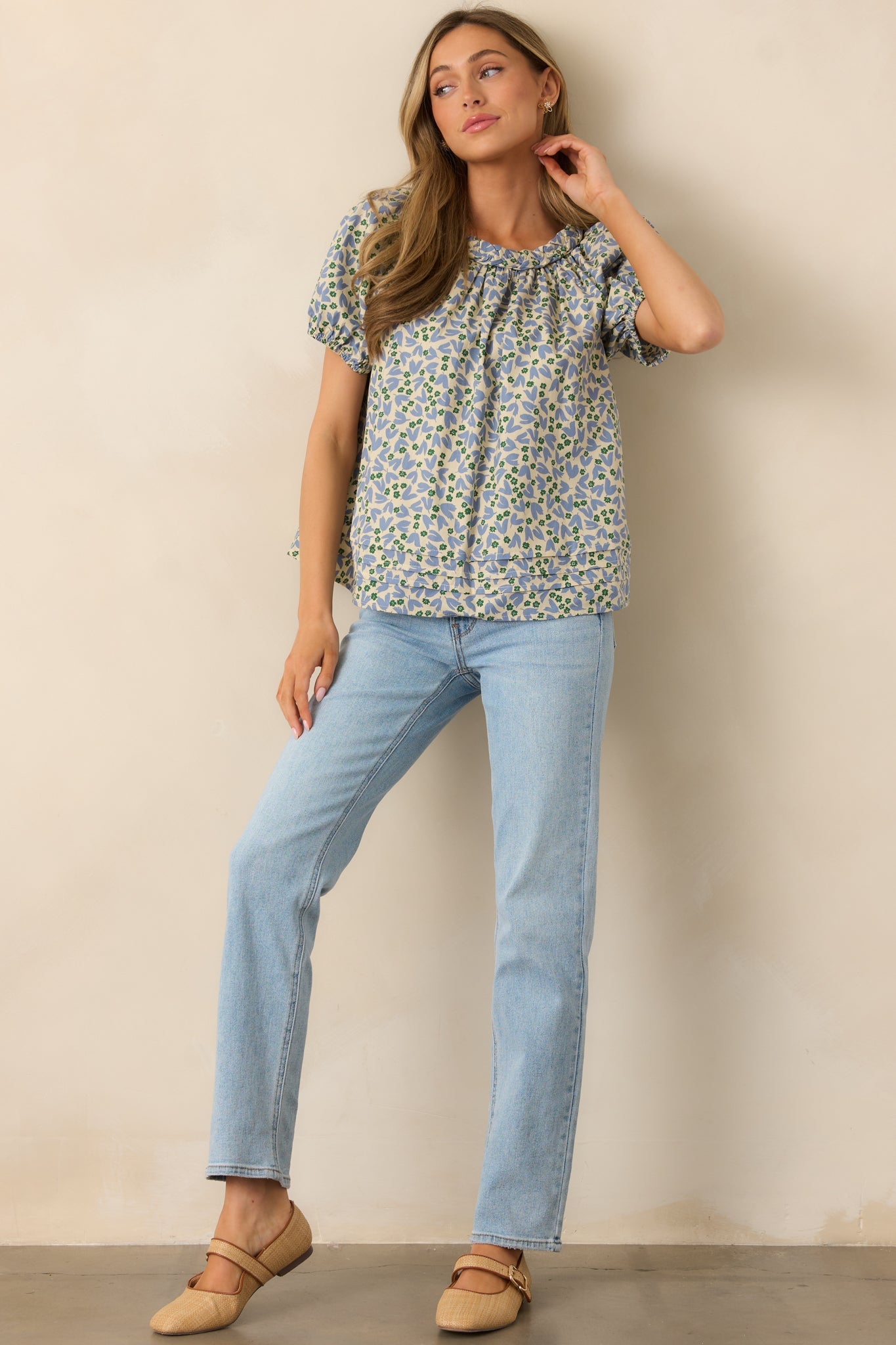 Giving Wisdom Dusty Blue Floral Cotton Blouse