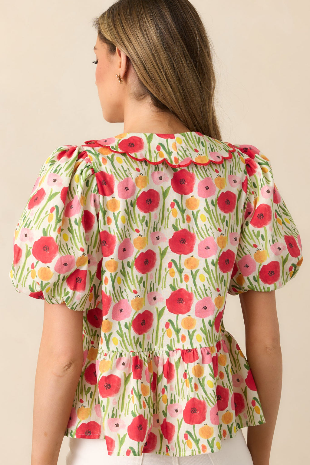Afternoon Bliss Cotton Red Floral Puff Sleeve Blouse
