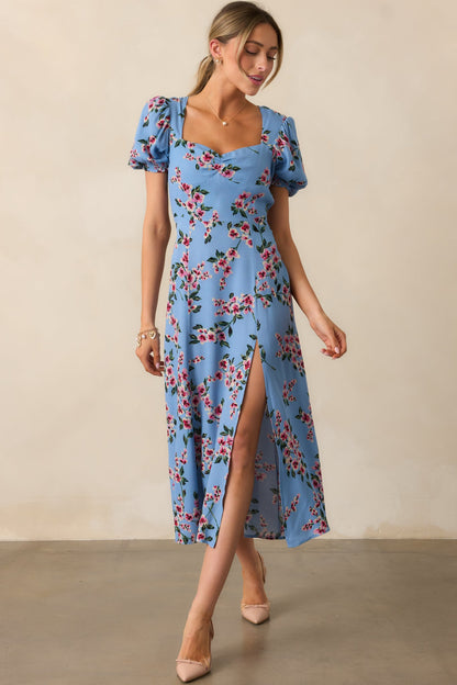 All Eyes On You Ash Blue Floral Puff Sleeve Midi Dress
