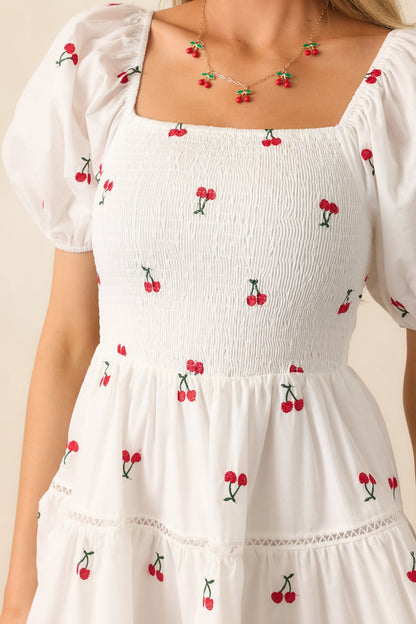 Spending Time White Cotton Cherry Embroidered Mini Dress