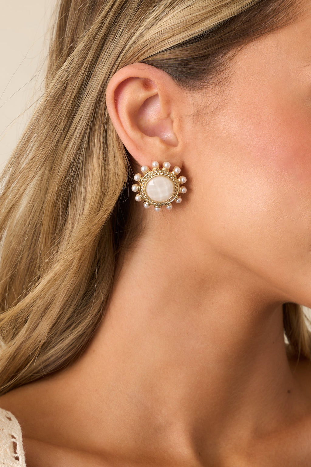 Around The World White & Gold Textured Earrings
