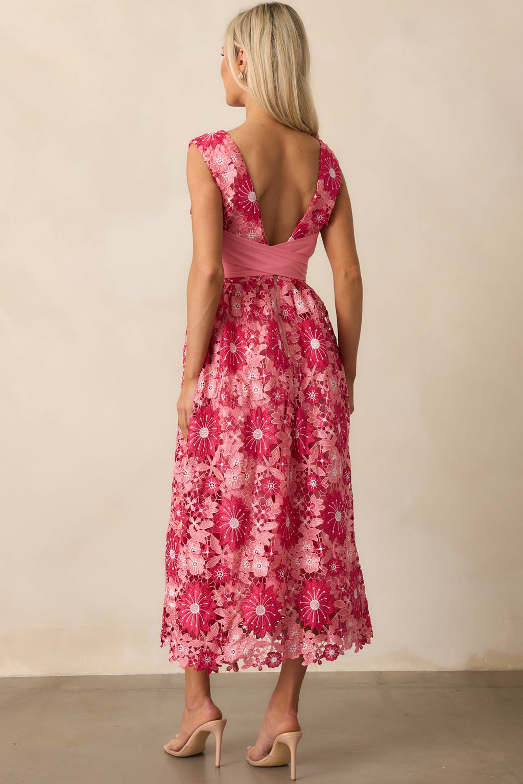 First Dance Pink Floral Embroidered Midi Dress