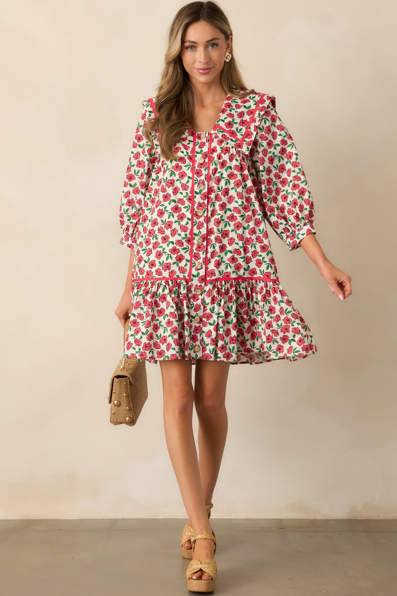 Butterfly Garden Red Cotton Button Front Mini Dress