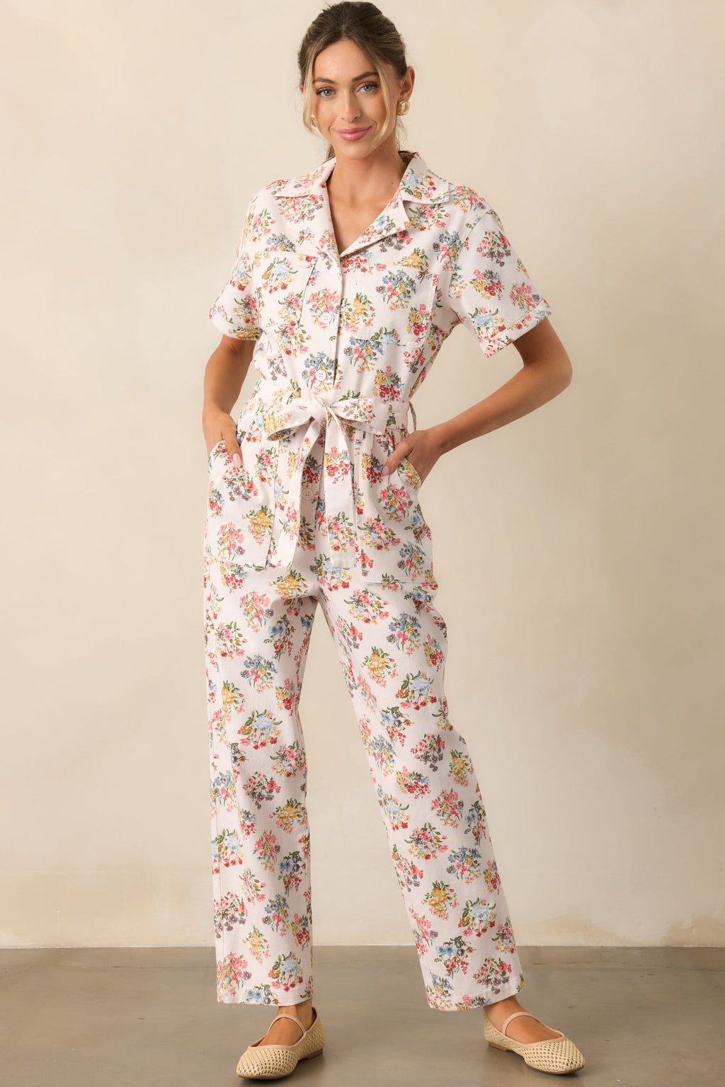 A Day At The Market Ivory Floral Button Front Jumpsuit
