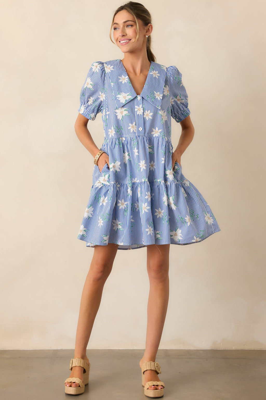 Against All Odds Blue Stripe Floral Cotton Puff Sleeve Mini Dress