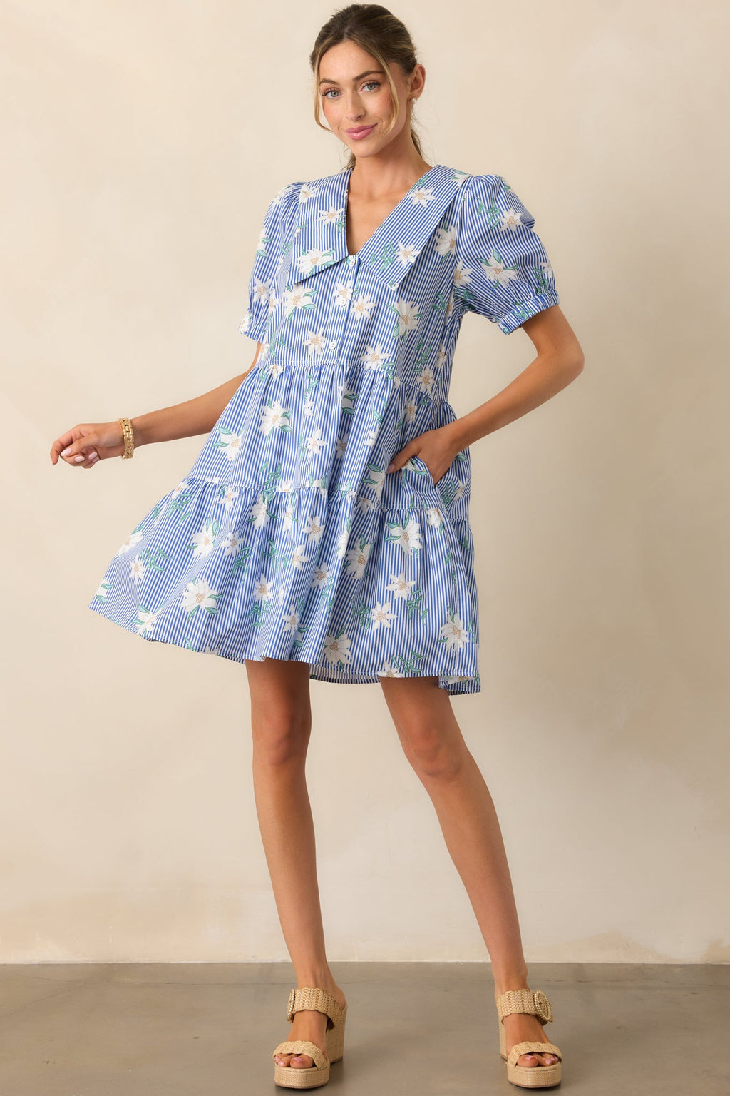 Against All Odds Blue Stripe Floral Cotton Puff Sleeve Mini Dress