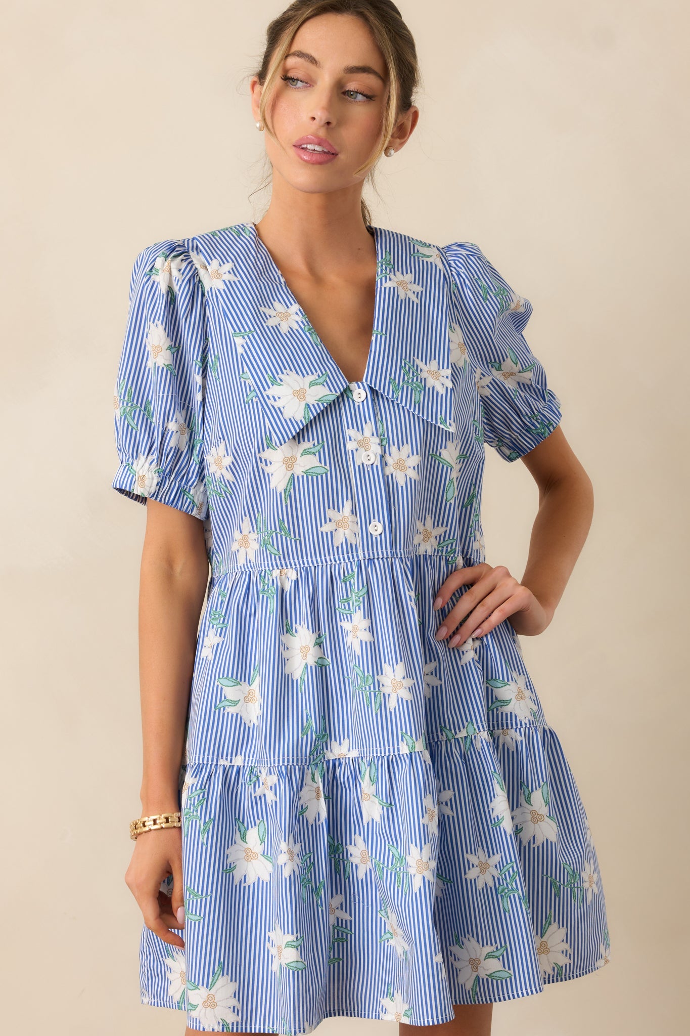 Against All Odds Blue Stripe Floral Cotton Puff Sleeve Mini Dress