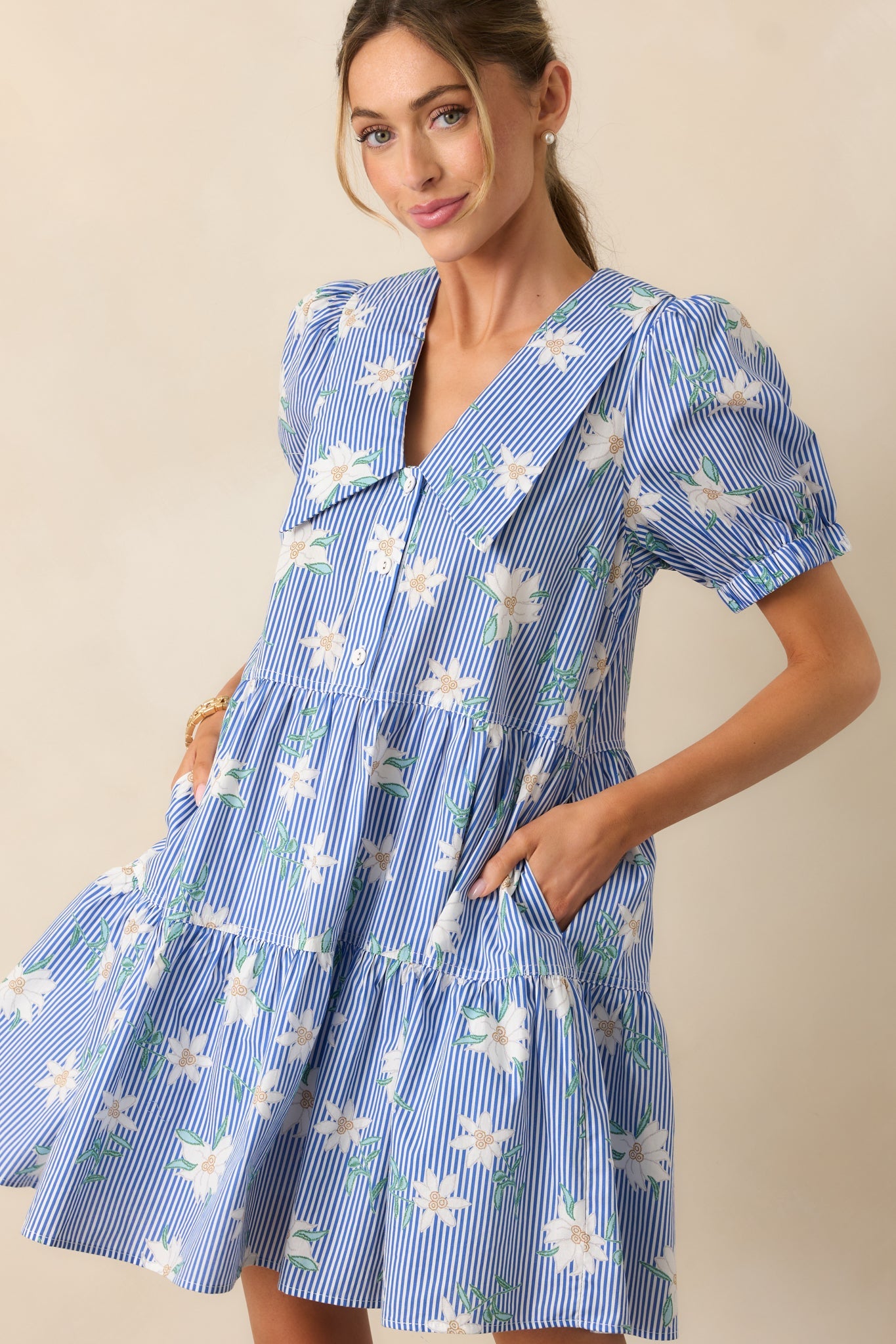 Against All Odds Blue Stripe Floral Cotton Puff Sleeve Mini Dress