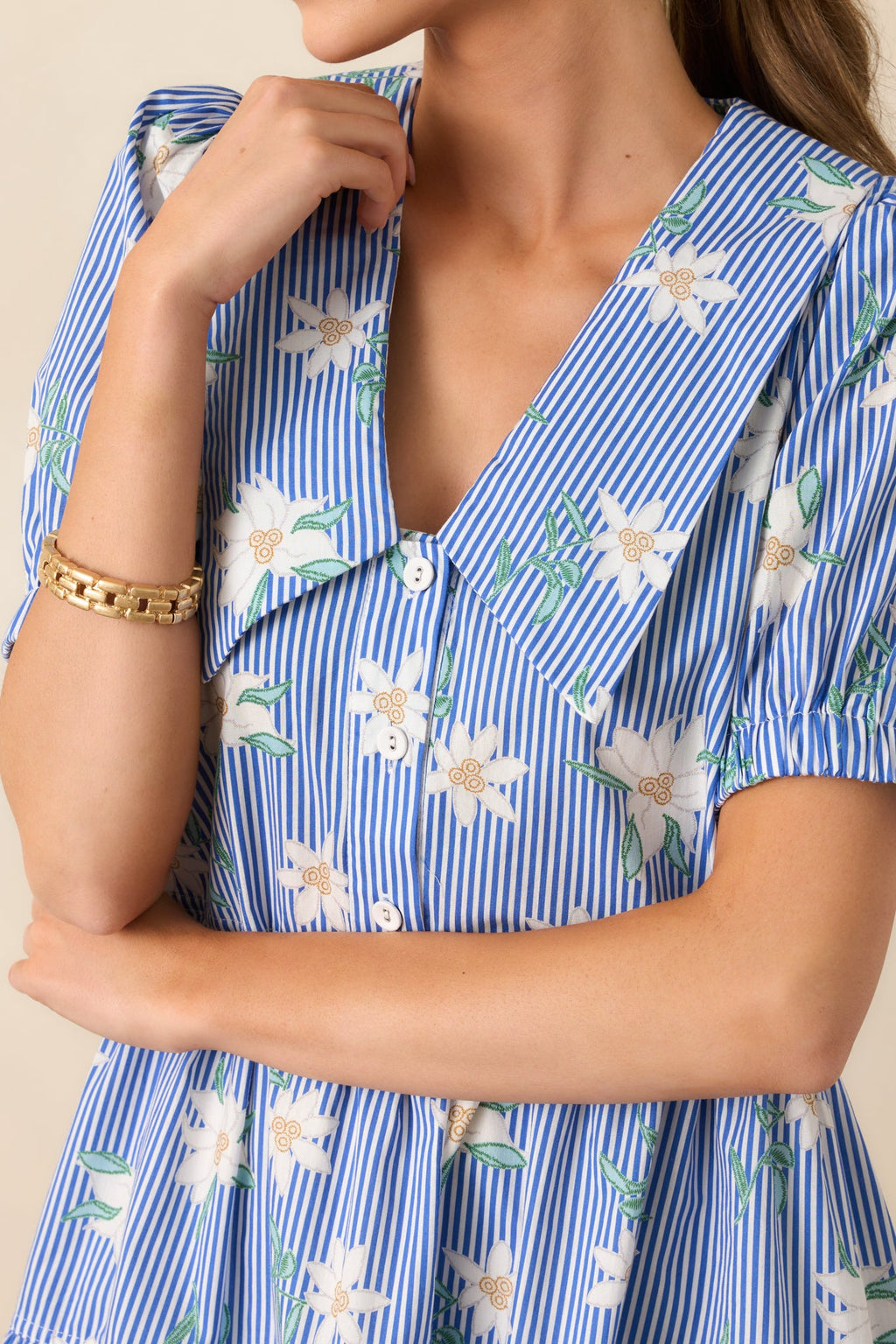 Against All Odds Blue Stripe Floral Cotton Puff Sleeve Mini Dress