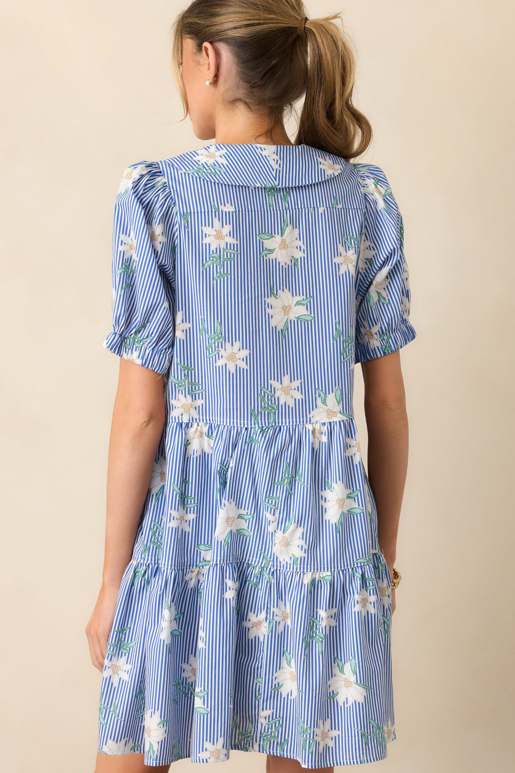 Against All Odds Blue Stripe Floral Cotton Puff Sleeve Mini Dress