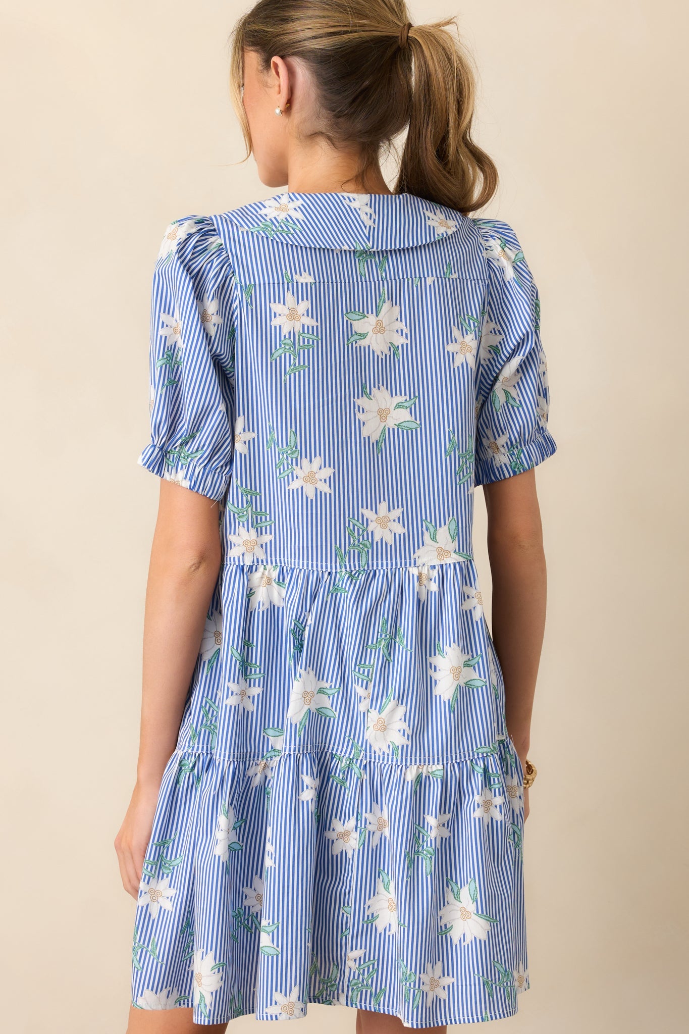 Against All Odds Blue Stripe Floral Cotton Puff Sleeve Mini Dress
