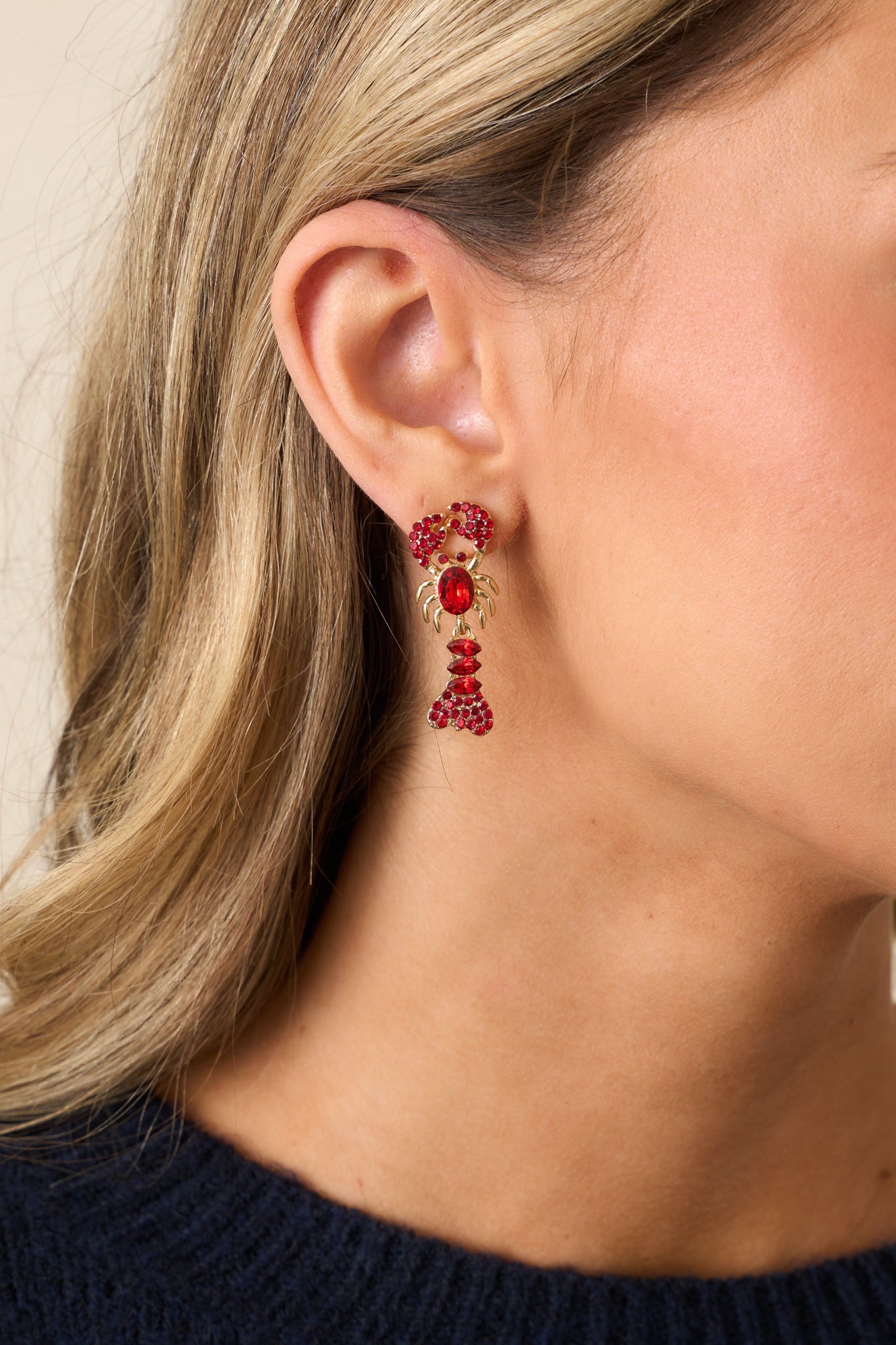 A Reel Catch Red Rhinestone Lobster Earrings