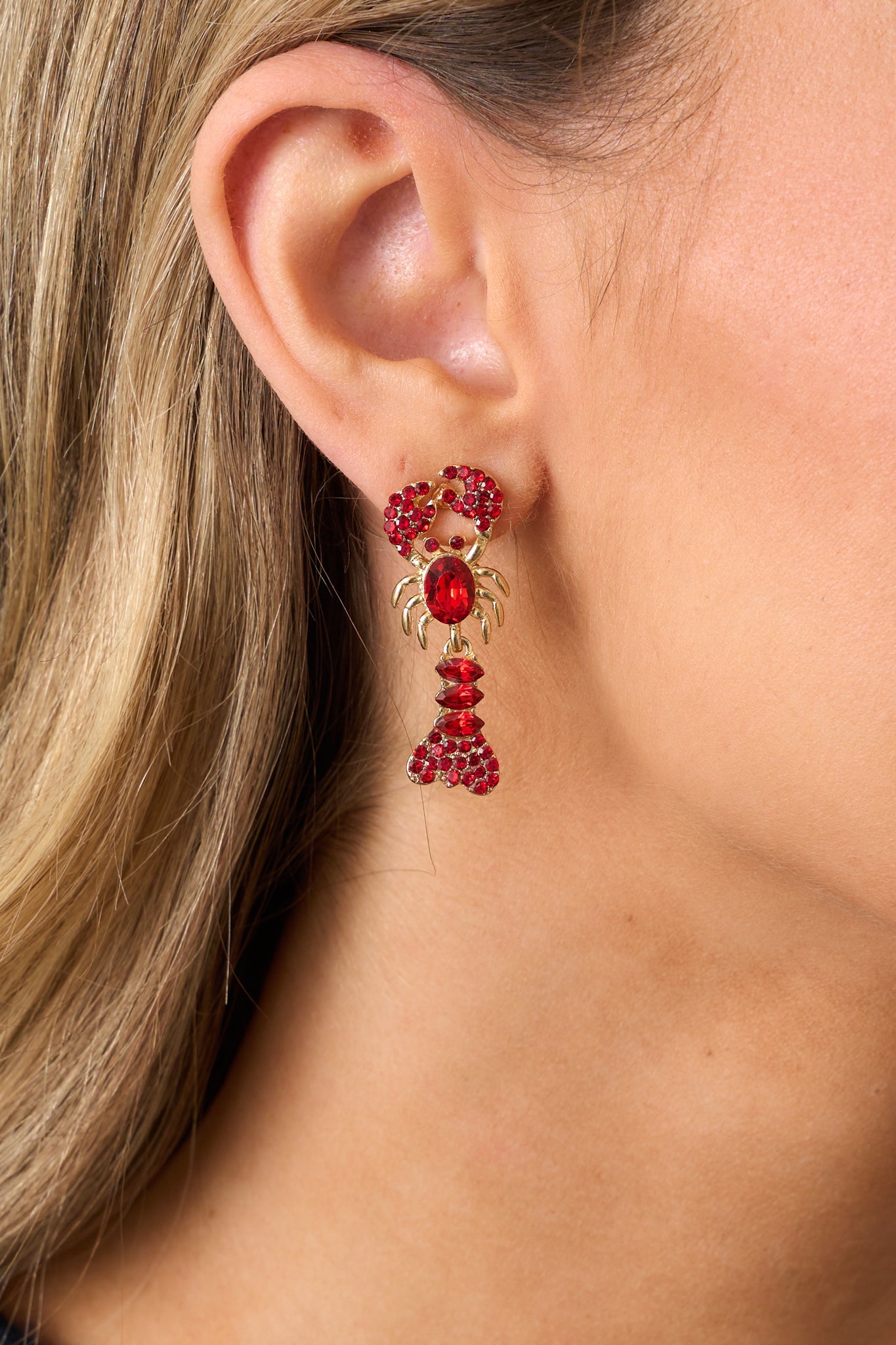 A Reel Catch Red Rhinestone Lobster Earrings