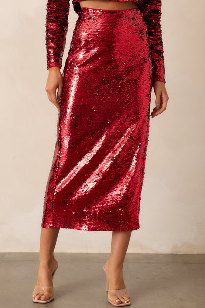 A Part Of It Red Sequin Midi Skirt