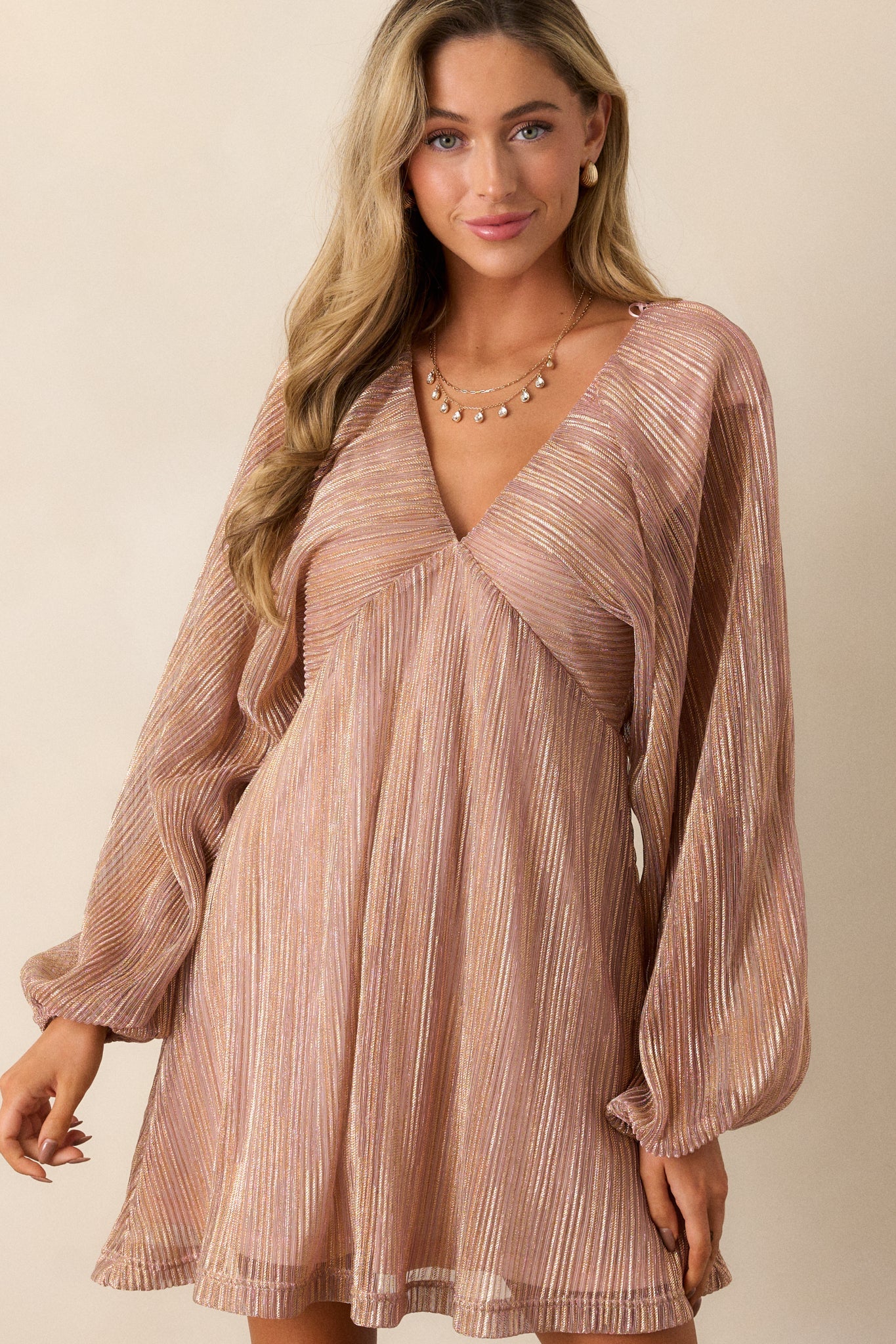 Written In The Stars Metallic Rose Gold Mini Dress