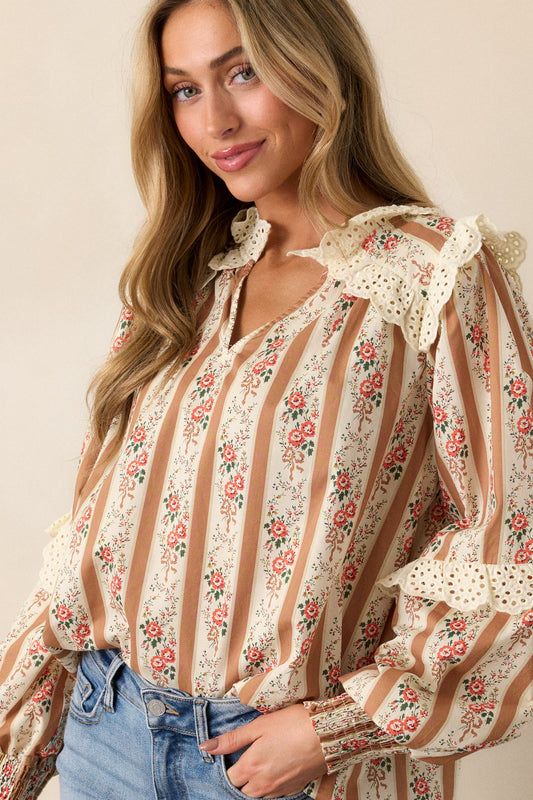 Embers of Hope Cotton Camel Floral Blouse