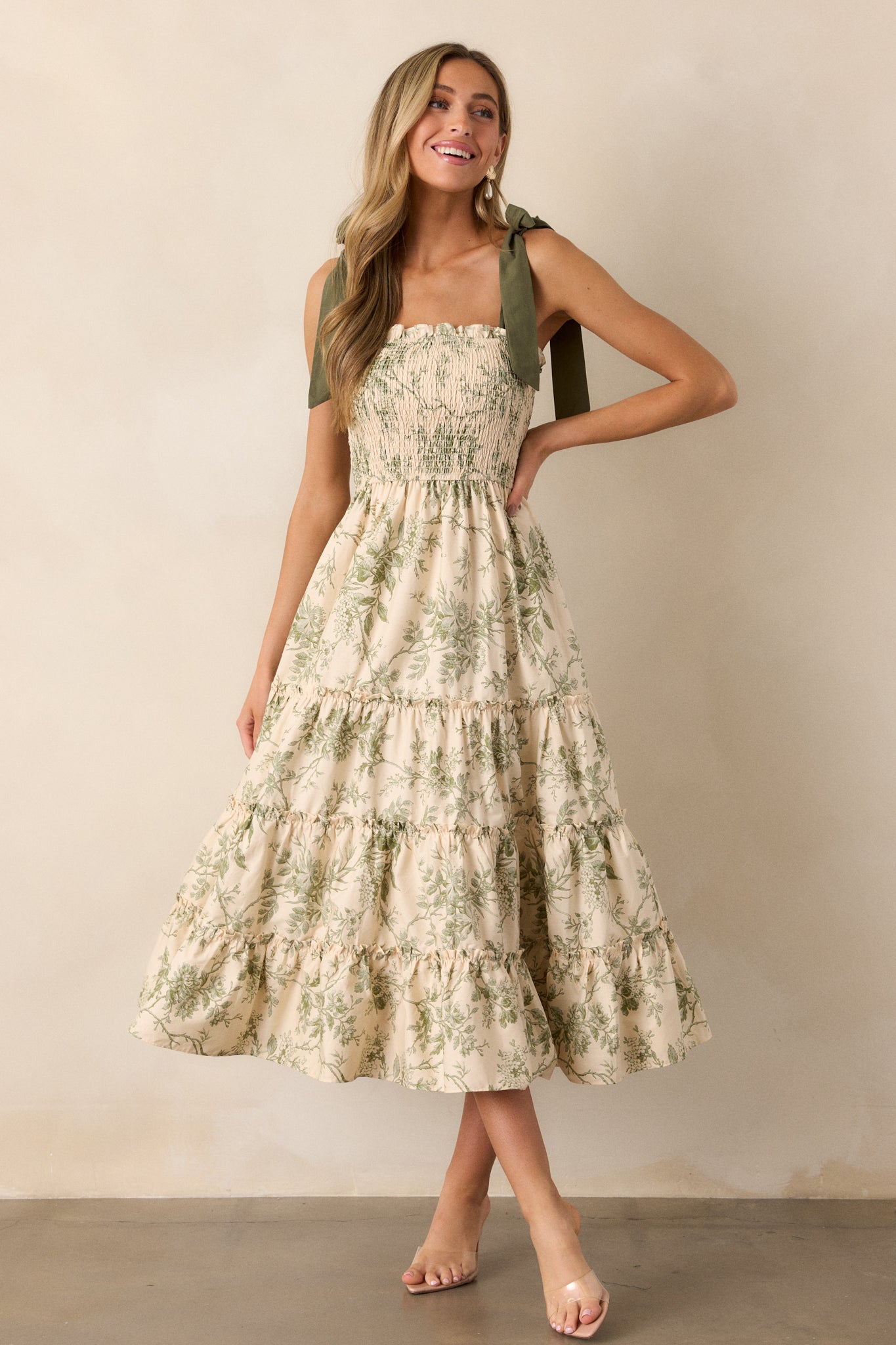 Wildflower Whisper 100% Cotton Ivory Green Floral Midi Dress