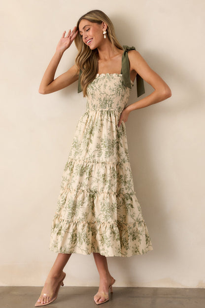 Wildflower Whisper 100% Cotton Ivory Green Floral Midi Dress