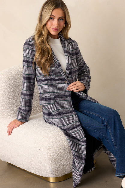 Fireside Chats Navy Plaid Trench Coat