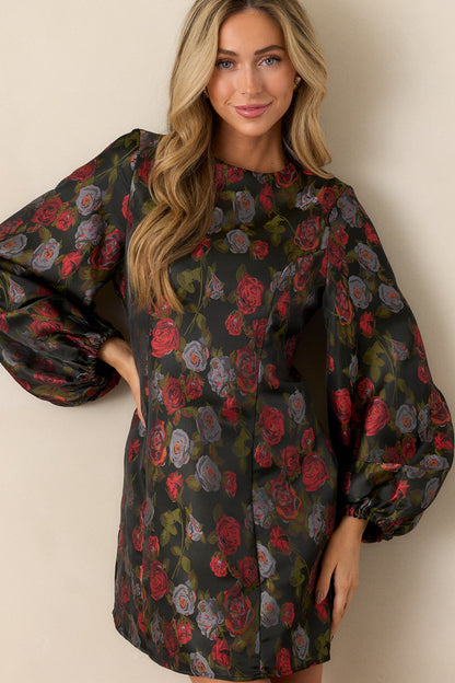 Enchanted Petals Black Floral Balloon Sleeve Mini Dress
