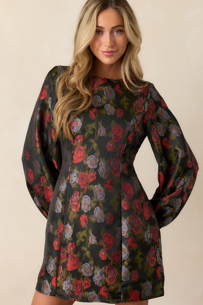 Enchanted Petals Black Floral Balloon Sleeve Mini Dress