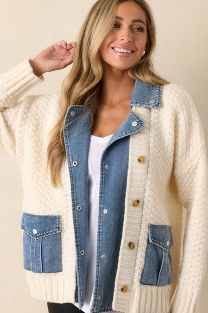 Kaleidoscope Dreams Ivory Knit and Denim Combo Jacket