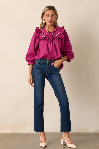 It Happens Dark Fuchsia Ruffle Puff Sleeve Top
