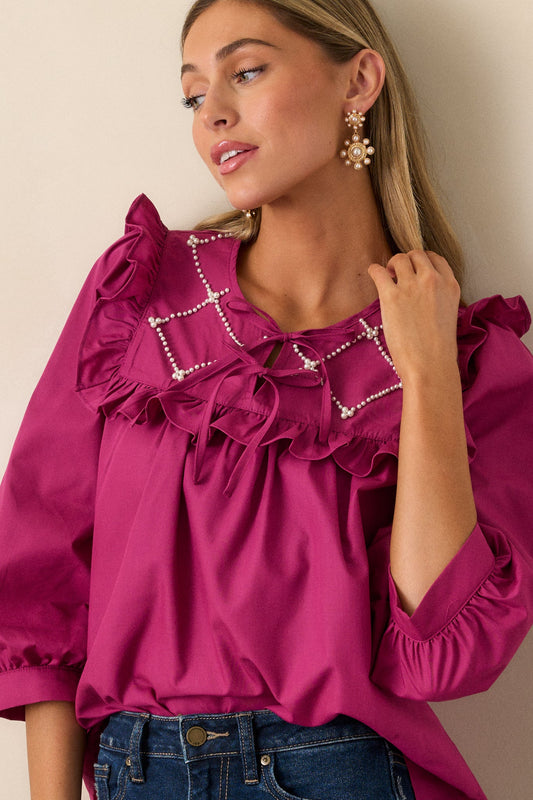 It Happens Dark Fuchsia Ruffle Puff Sleeve Top