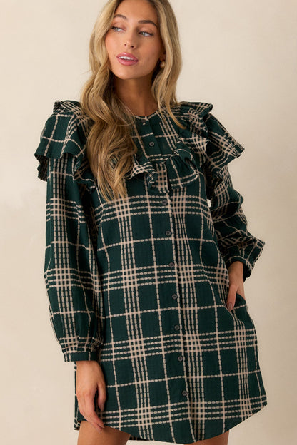 Falling into Bliss 100% Cotton Forest Green Plaid Mini Dress