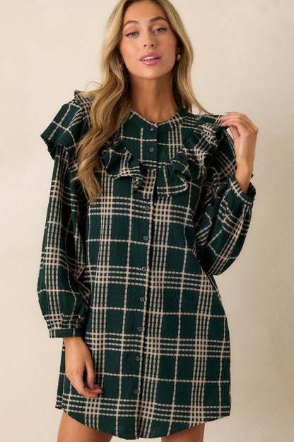 Falling into Bliss 100% Cotton Forest Green Plaid Mini Dress