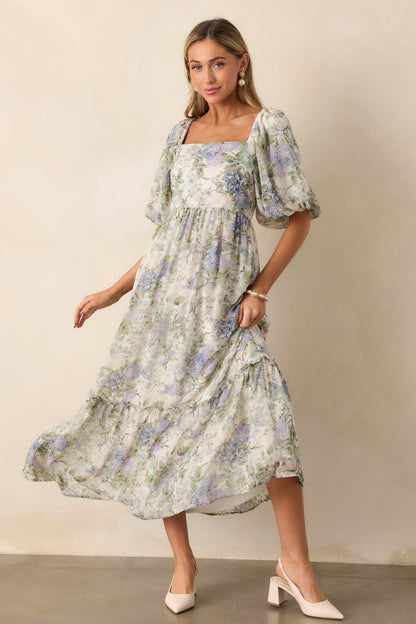 Fields of Gold Ivory Floral Puff Sleeve Midi Dress