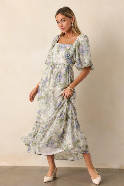Fields of Gold Ivory Floral Puff Sleeve Midi Dress