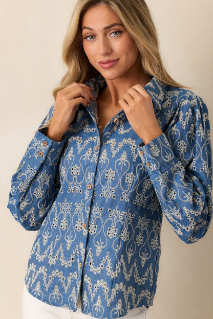 In The Flow Cotton Blue Button Front Eyelet Top