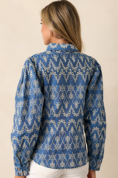 In The Flow Cotton Blue Button Front Eyelet Top