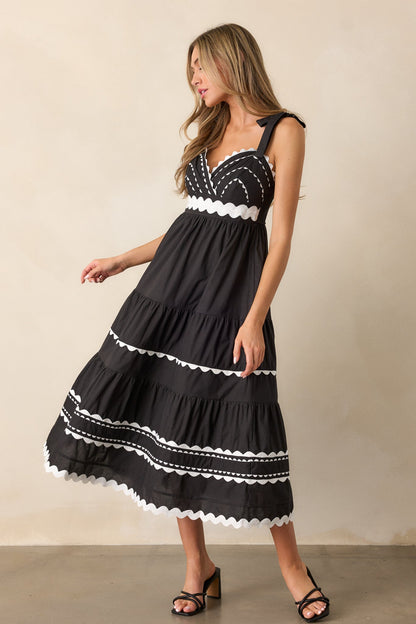 Elegant Edge Cotton Black Ricrac Maxi Dress